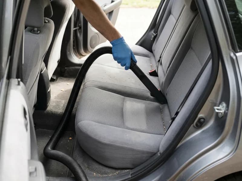 Interior de um carro a ser aspirado entre os bancos