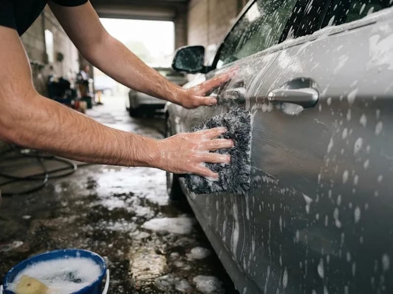 Mãos a lavar o painel de um carro com luva e espuma