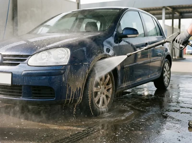 Carro a ser enxaguado na etapa de pré-lavagem