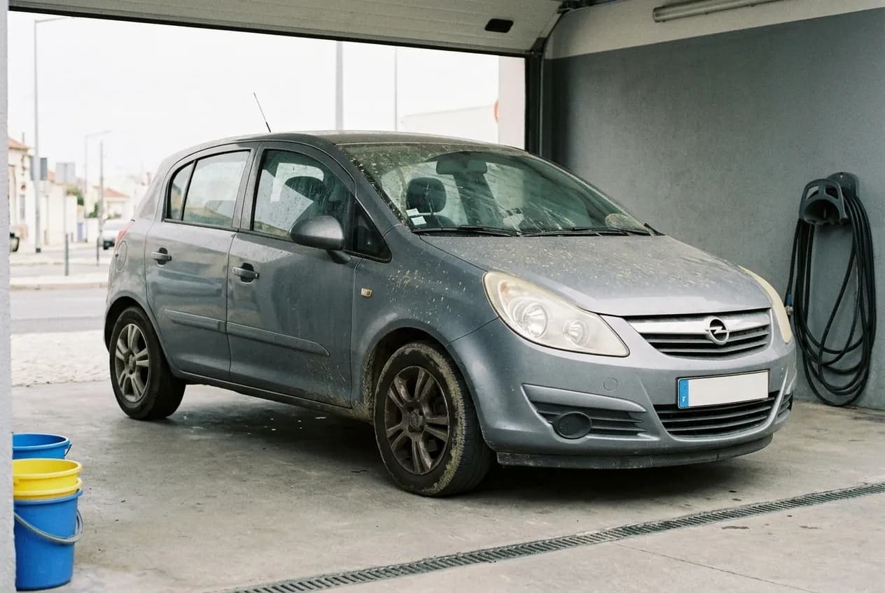 Carro baço e com pó na box antes da lavagem