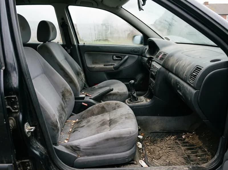 Interior de carro descuidado com estofos manchados antes da limpeza